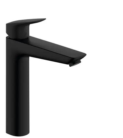 Ein schwarzer Einhebel-Waschtischmischer mit elegantem Design, hergestellt von Hansgrohe, ausgestattet mit einer Zugstangen-Ablaufgarnitur.